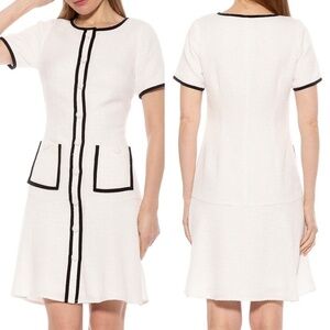 NEW ALEXIA ADMOR Ivory & Black CONTRAST Tweed RUFFLE Mini RETRO Shift DRESS US 4